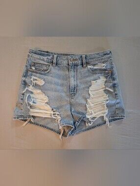 American Eagle Outfitters High Rise Mom Ripped Shredded Light Blue Denim Shorts